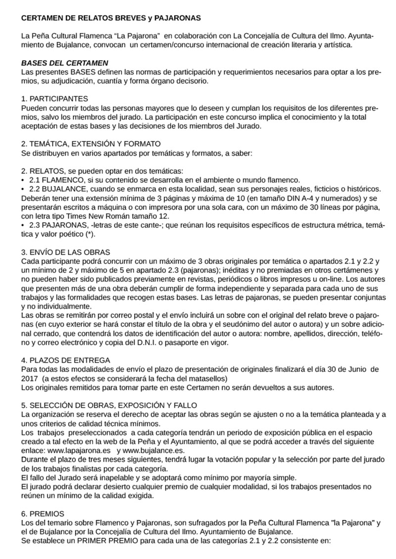 Bases del Certamen de Relatos breves y Pajaronas 2017